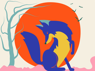 Illustration of a blue wolf relaxing on a mountain at sunset in Matisse style