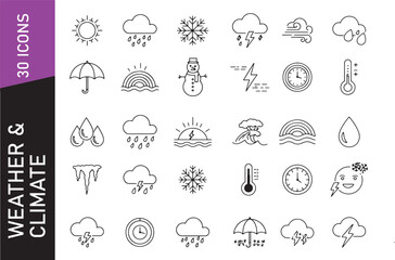 Thin stroke vector icons of 30 weather and environmental elements for clean, minimal forecast visuals