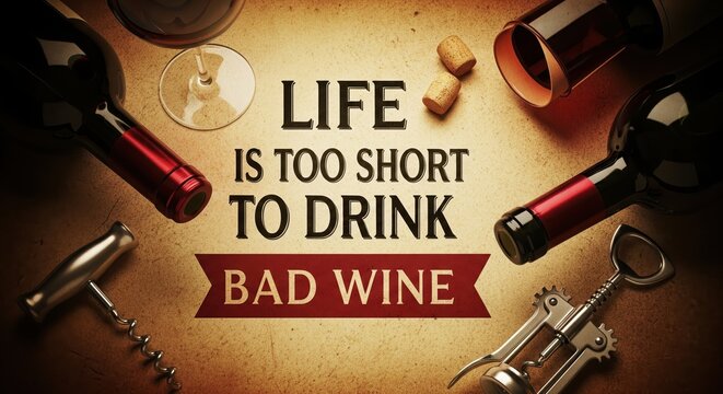 The humorous quote "Life is too short to drink bad wine" is centrally displayed amidst wine bottles, corkscrews, and corks on a textured background, emphasizing wine appreciation.