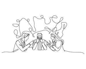 Continuous line drawing of a stressed man sitting between two arguing colleagues. Concept of workplace pressure, emotional burnout, conflict mediation, and overwhelming team dynamics