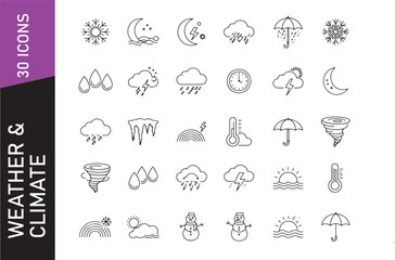 Black outline weather icons featuring natural elements, forecast symbols, and seasonal changes