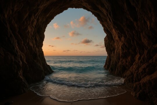 Cave opening frames ocean sunset.