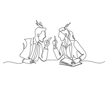 Continuous line drawing of a man and woman angrily arguing across a desk with documents. Concept of workplace disagreement, conflict between colleagues, and heated professional discussion
