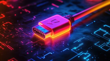A glowing USB connector under neon lighting placed on a black background, giving a futuristic tech vibe