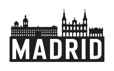 Madrid Skyline Silhouette with Bold Text Capturing the City's Iconic Architecture and Urban Identity on a White Backdrop