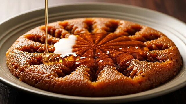 Slow motion of golden syrup being poured over traditional halwa on ceramic plate