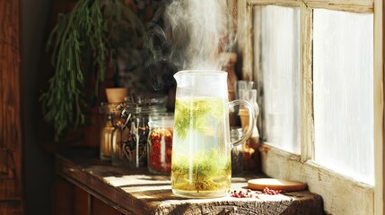 Steaming herbal tea pitcher, rustic kitchen window