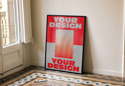 Mockup Of Vertical Customized Framed Poster On Floor