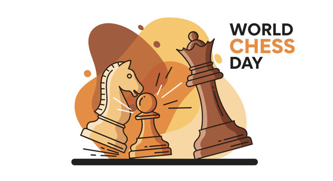 An artistic illustration celebrates World Chess Day with a knight, pawn, and queen, showcasing strategic gameplay and a competitive spirit against a stylized backdrop.