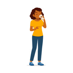 African American woman drinking from paper cup with eyes closed, casual clothes, cartoon style