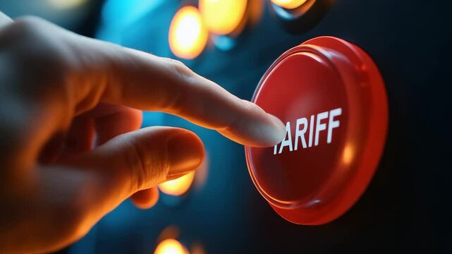 Push the red 3D tariff button, a symbol of help or start turn on a business concept