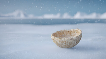 Fossilized bird nest in Arctic ice, snowflakes falling, ancient wildlife discovery concept
