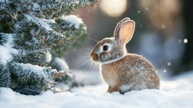 A small brown rabbit sits in the snow near a pine tree. Snowflakes gently fall around it, creating a serene winter scene.
