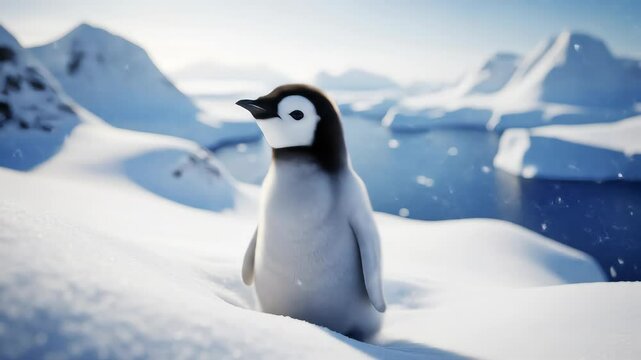 Adorable Baby Penguin in Snowy Antarctic Landscape