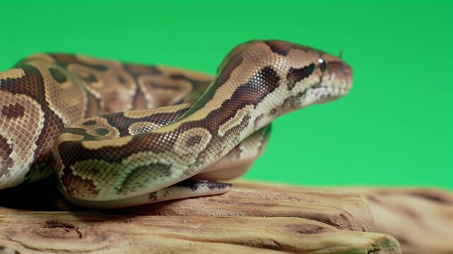 Close-up of a Ball Python Snake with Intricate Patterned Skin, Resting on a Piece of Wood Against a Bright Green Screen Background, Tongue Flicking