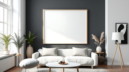 Blank mock up poster frame in modern interior background Scandinavian style 3D render 3D illustratio