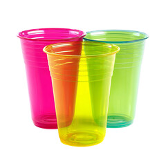 Colorful Cup Trio: Vibrant and transparent plastic cups in a stunning display of colors, evoking a sense of fun and refreshment, ideal for parties and casual gatherings.