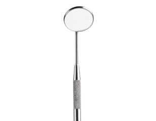  Straight stainless steel dental mirror tool, front view isolated on white background PNG 