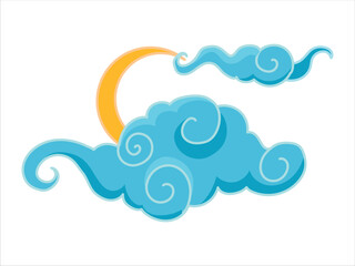Blue Asian cloud with moon, sun and stars. Japanese Korean Chinese cloud style. Asian traditional ornaments. Vector illustration