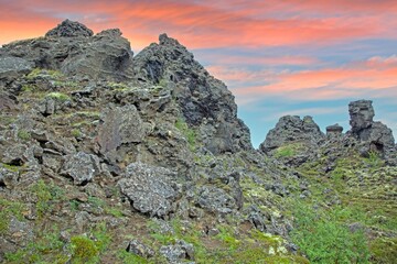Volcanic rock landscape Dimmuborgir Iceland with sunset sky