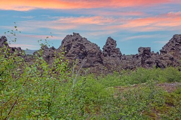 Lava rock formations Dimmuborgir Iceland at sunset