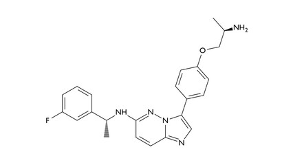 taletrectinib molecule, structural chemical formula, ball-and-stick model, isolated image kinase inhibitor