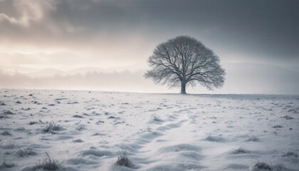 solitary tree stands in serene, snow covered field under moody, overcast sky, with soft light creating tranquil and atmospheric winter landscape.