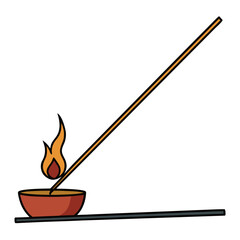 Minimalist vector illustration of a burning incense stick in a holder isolated on white background