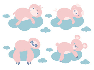 Cute pastel cartoon animals sleeping on clouds -hippo, pig, sloth, and bear. Adorable nursery design for baby prints and decorations. Vector illustration.