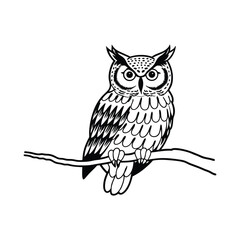 Naklejka premium black illustration of an owl with intricate feather patterns perched on a branch