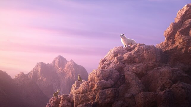 Mountain goats in rocky mountain biome at sunset - Powered by Adobe