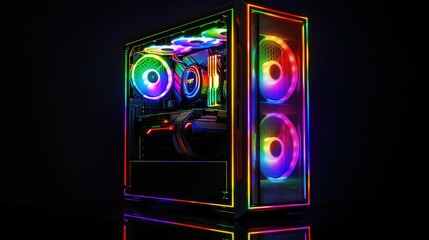 Custom-built gaming computer with bright rainbow LED accents placed on a reflective black surface for high contrast