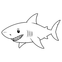 Obraz premium A friendly cartoon shark smiling with sharp teeth A cute sea animal character with black and white outline for a kids coloring book page Vector marine illustration
