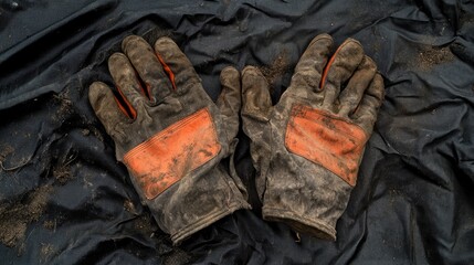Dirty work gloves with worn orange rubber palms tossed on a black tarp, hinting at a long day's labor