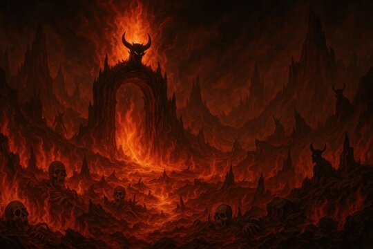 Fiery hellscape with ominous arch.