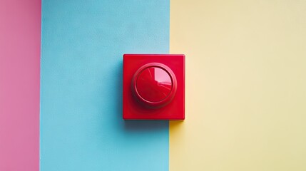 Emergency red fire alarm button with tactile surface detail, mounted on a pastel-colored wall