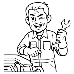 An experienced mechanic working on a car engine holding a wrench and winking A friendly repairman character in black and white line art for a coloring book