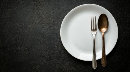 Empty dinner plate with fork and spoon crossed beside it, all placed on a deep black surface with soft lighting