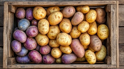 Farmer's crate filled with a rich harvest of multicolored and earthy russet, yellow, and purple potatoes