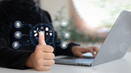 Thumbs up with online shopping icons and global currencies around. Concept of e-commerce, fintech,...