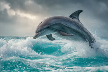 A dolphin leaps dramatically out of the water, showcasing its agility against a stormy sky backdrop.