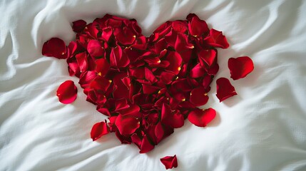 Fresh rose petals in a heart shape on a white comforter, perfect for Valentine's Day, proposals, or romantic gestures
