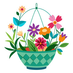 Beautiful arrangement of colorful spring flowers in a decorative hanging basket