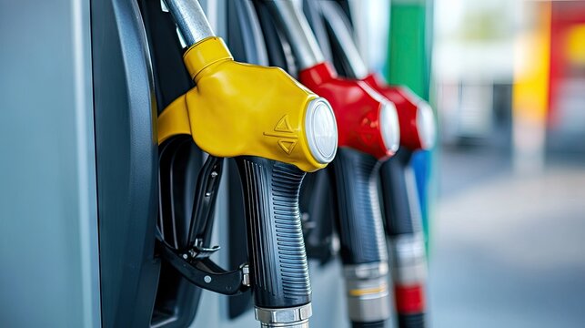 Fuel pump nozzles hanging neatly on their holders at a bright and clean gas station during daytime