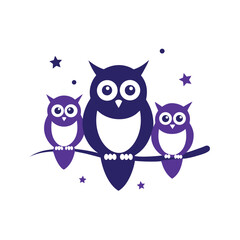 Fototapeta premium Owl Family on Branch with Starry Night Background