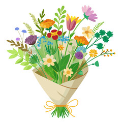 Charming bouquet of assorted wildflowers artfully arranged in rustic wrapping