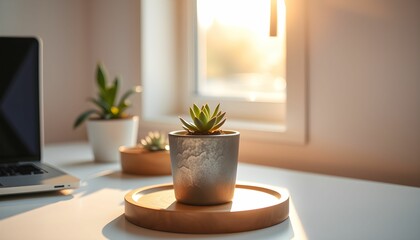 A succulent plant sits on a desk near a window, with a laptop and other plants in the background.