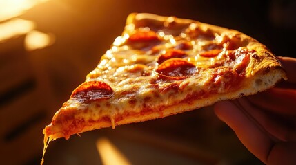 Golden pizza slice held by a hand, with rich toppings glimmering under dramatic lighting