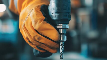 Hand wearing a glove with orange rubber side holding a heavy-duty drill, focusing on safety and functionality