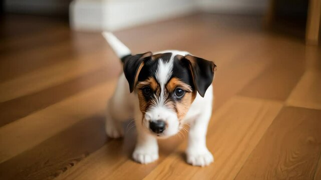 Adorable Tricolor Puppy Sitting on Wooden Floor